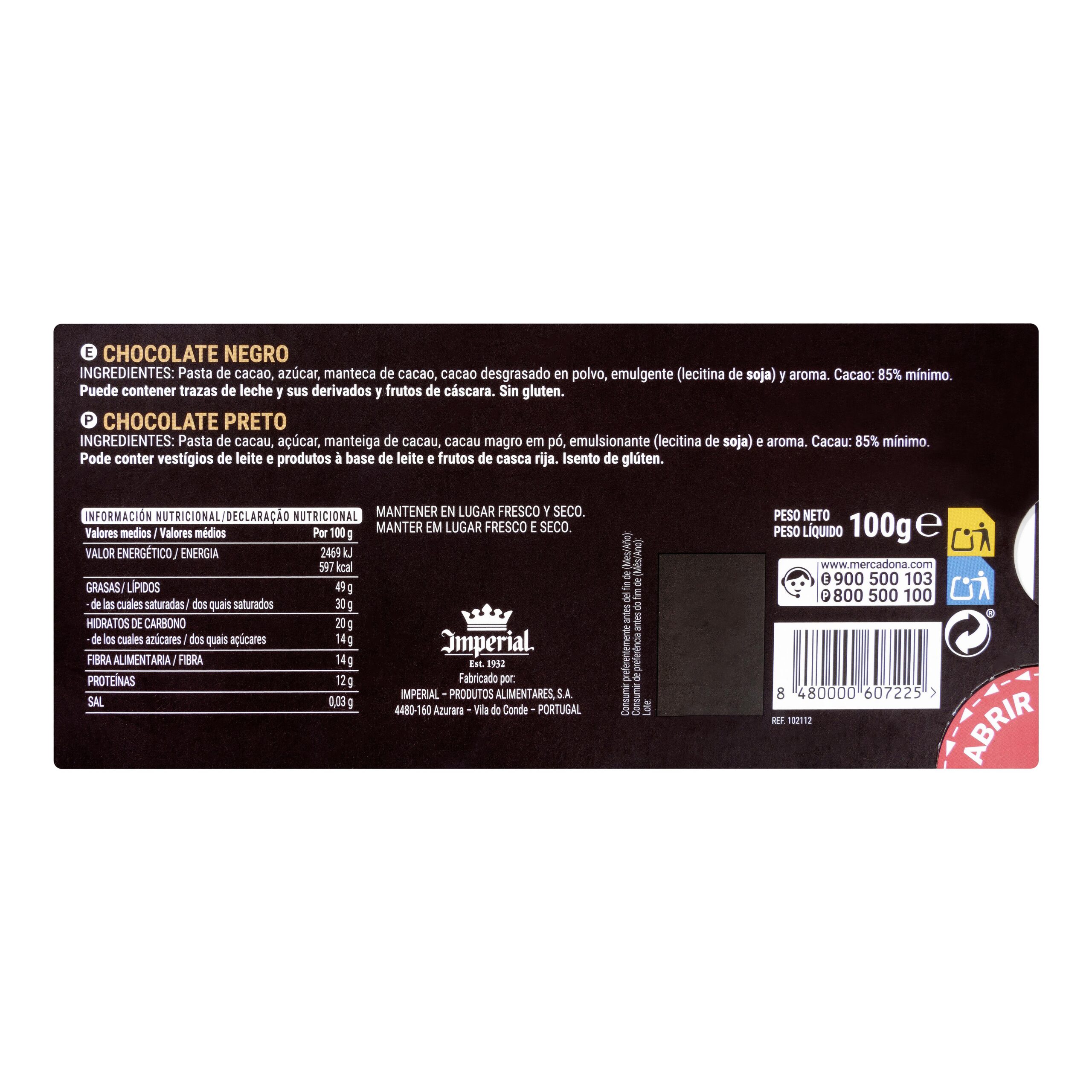 Etiqueta Chocolate negro 85% cacao Hacendado